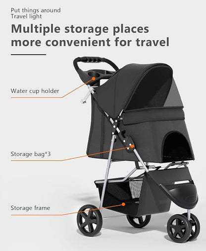 Pet Stroller with 3 Wheels for Small/Medium Pets, Portable Travel Foldable Carrier Jogger for Dog Cat Puppy Kitty, Rear Wheel Breaks, Storage Basket, Visible Mesh with Weather Cover (Black)