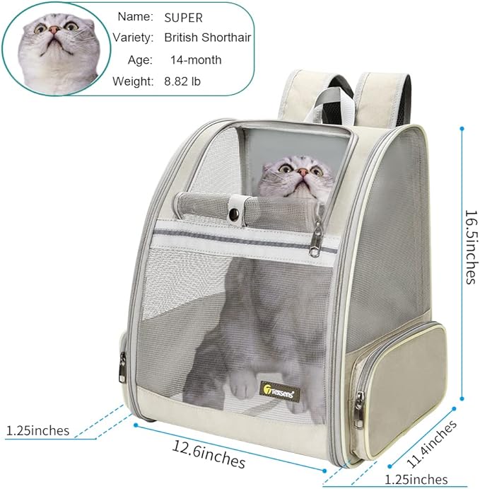 Texsens Pet Backpack Carrier for Small Cats Dogs | Ventilated Design, Safety Straps, Buckle Support, Collapsible | Designed for Travel, Hiking &amp; Outdoor Use (Creamy White)