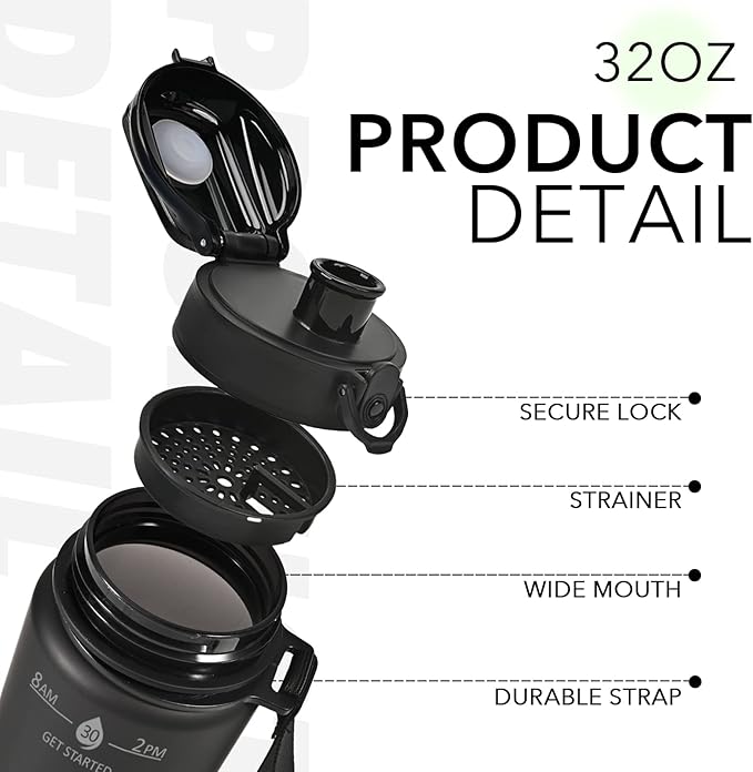 32oz Motivational Water Bottles with Time Marker &amp; Fruit Strainer, Transparent Gradient Color Water Bottle with Times to Drink, Leakproof &amp; BPA Free, Reusable Bottle with Strap (No Straw)