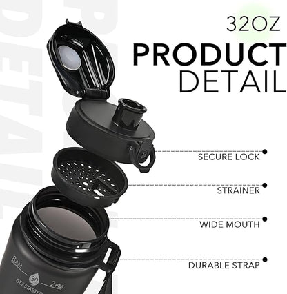 32oz Motivational Water Bottles with Time Marker &amp; Fruit Strainer, Transparent Gradient Color Water Bottle with Times to Drink, Leakproof &amp; BPA Free, Reusable Bottle with Strap (No Straw)