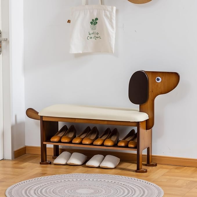 latifolia Puppy Shoe Bench, 2-Tier Solid Wood Entryway Organizer, Cute Pet-Shaped Shoe Bench for Hallway &amp; Living Room,(31.50 inch)