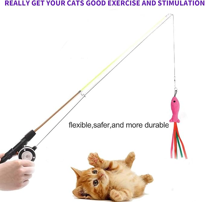 Retractable Cat Teaser Wand Toy, Cat Toys for Indoor Outdoor Cats Interactive Fishing Rod with 8 Pcs Refills Feather Toy, Plush Mouse Caterpillar &amp; Fish