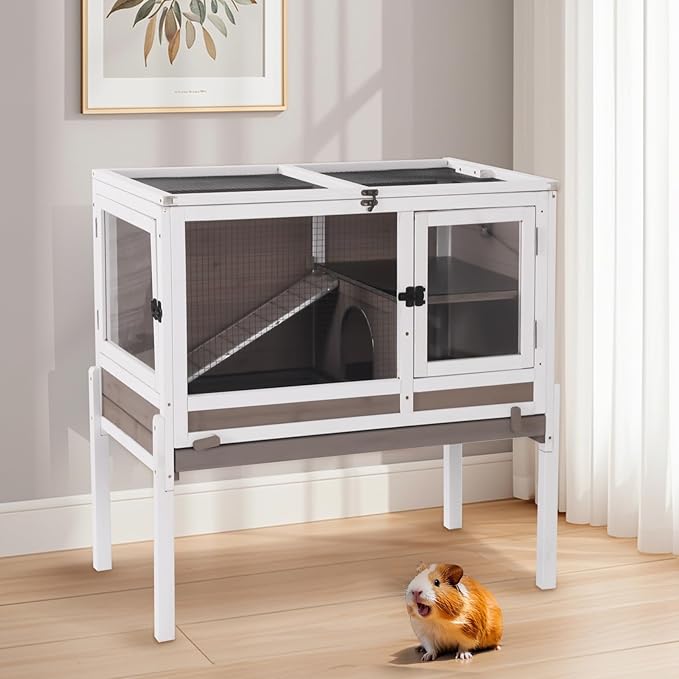 Aivituvin 2-Story Rabbit Hutch with Anti-Chew Ramp &amp; Zinc Sheet - 36.6" Indoor Guinea Pig Cage, Wooden Stand, Pull-Out Tray &amp; Leakproof Floor (Brown)