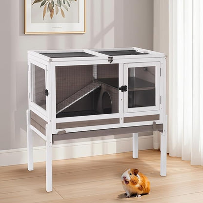 Aivituvin 2-Story Rabbit Hutch with Anti-Chew Ramp &amp; Zinc Sheet - 36.6" Indoor Guinea Pig Cage, Wooden Stand, Pull-Out Tray &amp; Leakproof Floor (Brown)