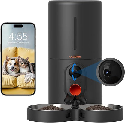 WOPET Automatic Cat Feeder with Camera for Two Cats, 6L Automatic Dog Feeder with HD Video and Night Vision, 5G/2.4G WiFi Pet Feeder for Cats &amp; Dogs, SD Card Storage &amp; 2-Way Audio