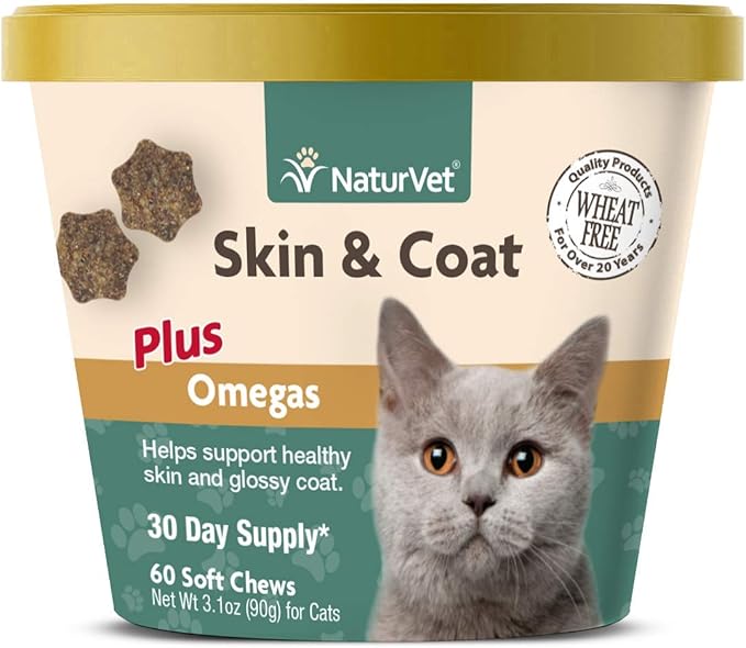 NaturVet – Skin &amp; Coat Plus Omegas for Cats – 60 Soft Chews | Supports Healthy Skin &amp; Glossy Coat | Enhanced with Omega-3, Omega-6 &amp; Biotin | 30 Day Supply