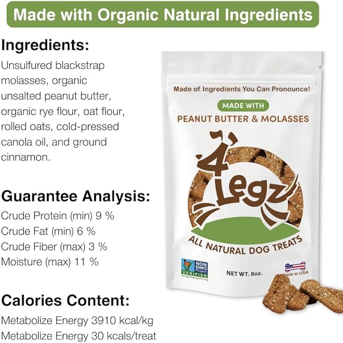 Organic Peanut Butter &amp; Molasses Dog Treats – Healthy, Crunchy, Vegan Biscuits with Whole &amp; Real Ingredients – All Natural &amp; USA‐Baked, 8 Ounce (Pack of 3)