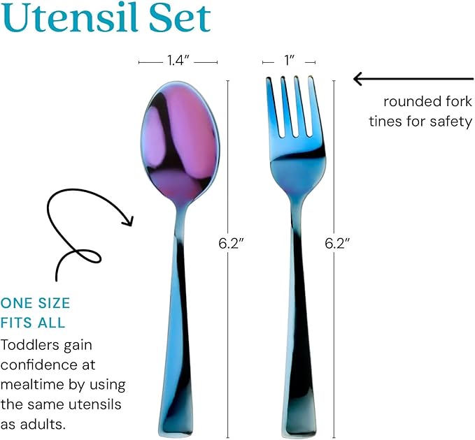 Ahimsa Stainless Steel Kids Utensils - Kids Fork and Spoon Set, Pediatrician Designed Toddler Utensils, 100% BPA Free &amp; Dishwasher Safe (Iridescent Blue)