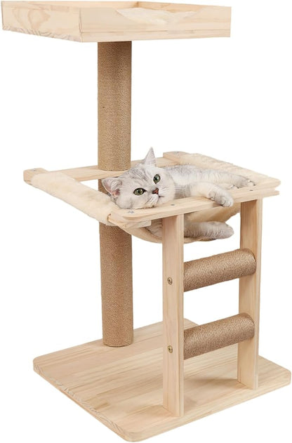 KVIDA Extra-Sturdy Wooden Cat Tree for Large Cats – Modern 3-Level Tower with Hammock, Anti-Tip Sisal Posts &amp; Oversized Perch, Ideal for Indoor Big Cats &amp; Multi-Cat Homes