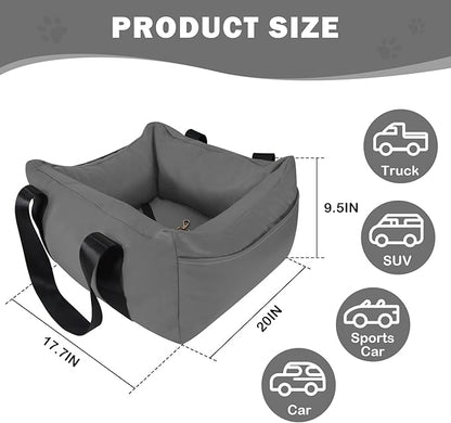 Dog Car Seat for Small Dogs, Large Leather Dog Car Bed with Storage Pocket, Waterproof PVC Leather Booster Seat Travel Bed for Front &amp; Back Seat, Clip-On Safety Leash (Black/Grey)