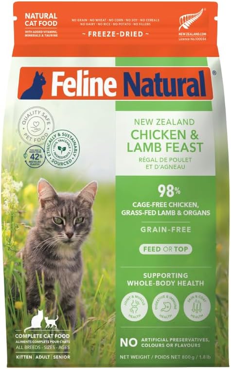 Feline Natural High Protein Dry Cat Food, Freeze-Dried Diet with 98% Meat, Organs &amp; Seafood, No Peas, Grains, or Artificial Additives, Made in New Zealand, Chicken &amp; Lamb, 1.8lb