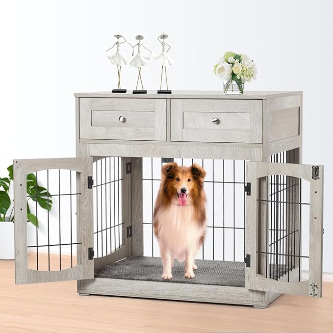 Dog Crate Furniture for Large Dogs, Wooden Dog Kennel Indoor with Double Doors, Dog Cage with Cushion &amp; Drawers, Dog House Side End Table for Large Medium Dogs up to 70 lb, 39.4” L, Grey