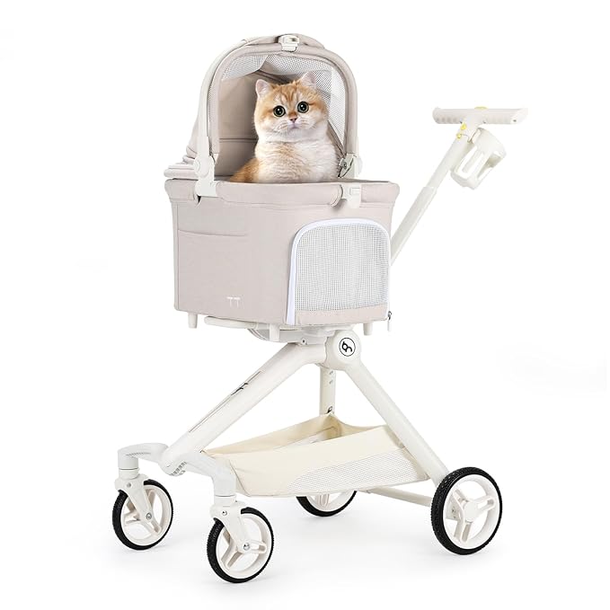 TT Lightweight Pet Stroller for Small Dogs &amp; Cats - 4-Way Installation Carrier, One-Hand Fold, 180° Canopy Cover &amp; Adjustable Handle (Beige)
