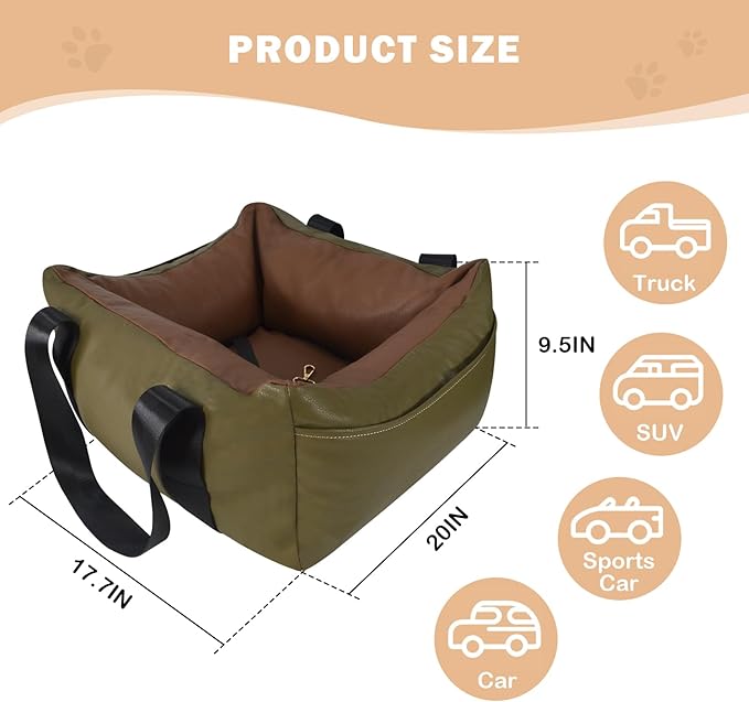 Dog Car Seat for Small Dogs, Large Leather Dog Car Bed with Storage Pocket, Waterproof PVC Leather Booster Seat Travel Bed for Front &amp; Back Seat, Clip-On Safety Leash (Green/Brown)