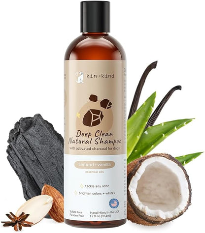 kin+kind Dog Shampoo - Deep Clean, Dirt &amp; Odor Remover w/Activated Charcoal for Dogs, Gentle Formula w/Natural Aloe, Olive Oil &amp; Coconut Oil, Pet Care &amp; Grooming Products, Almond &amp; Vanilla, 12 fl oz