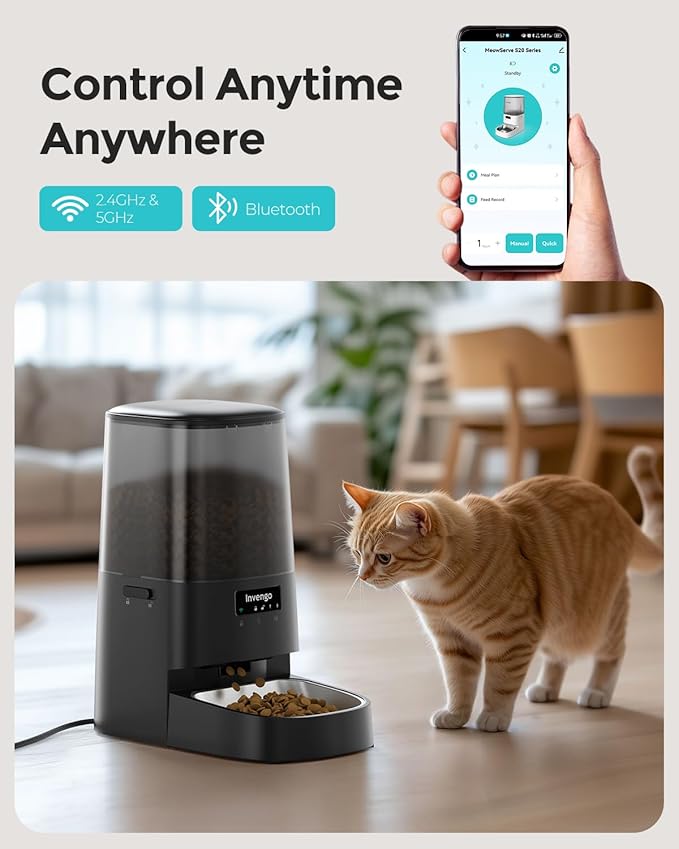 Cat Feeder Automatic - Cat Food Dispenser MeowServe S20, Auto Dog Feeder with Stainless Steel Bowl, 5L Pet Feeder with Patented Anti-Jam Port, App, Dual Lock Lid, Dual-Band WiFi &amp; Power Supply