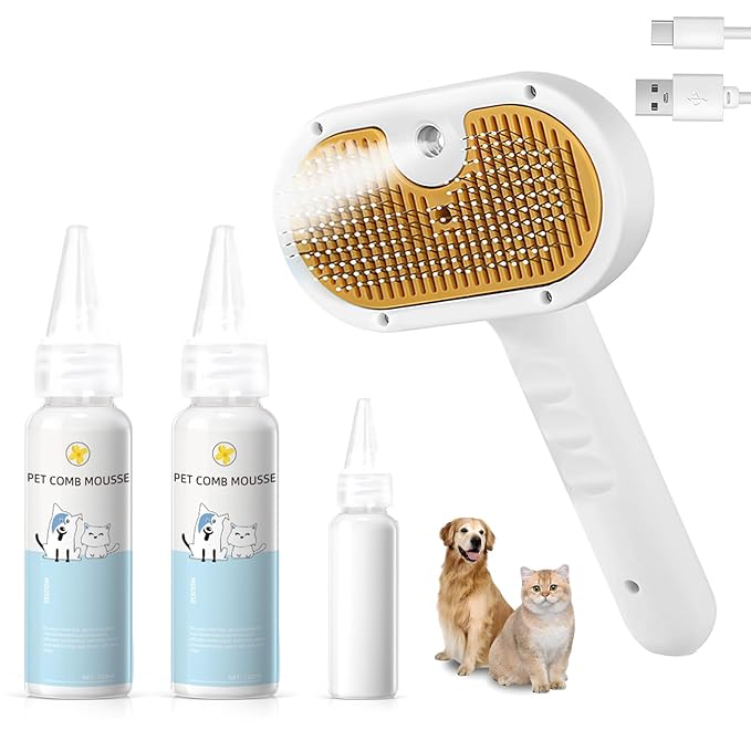 Pet Steam Brush for Dog &amp; Cat - 3-in-1 Steam Grooming Brush for Shedding &amp; Hair Removal - Self Cleaning Spray Comb with Mist for Long Haired Pets - Includes 2*Waterless Shampoo, Yellow