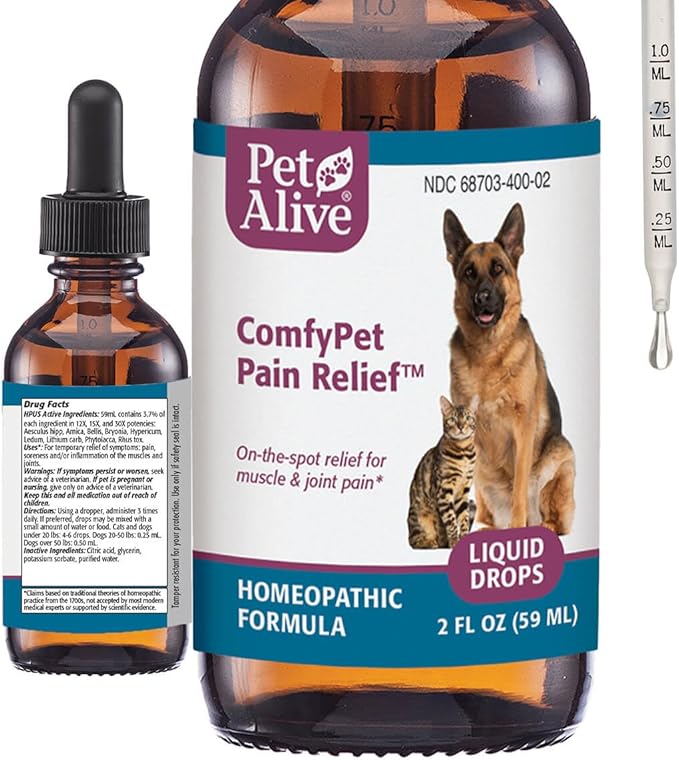 PetAlive ComfyPet Pain Relief for Dogs &amp; Cats – Natural Homeopathic Supplement for Pet Joint &amp; Mobility Support – 2 fl oz Drops – Made in USA