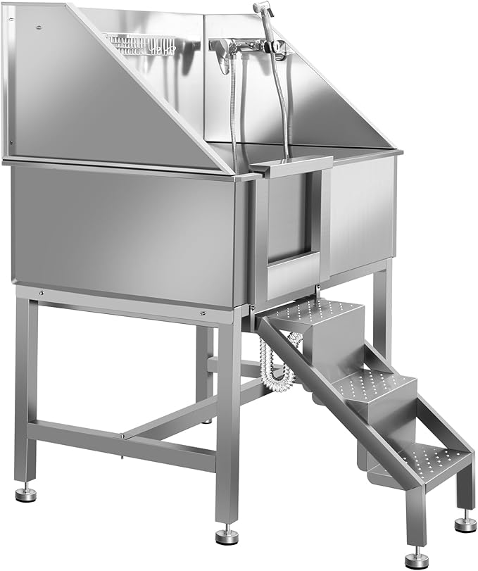 38" Dog Washing Station, Professional Stainless Steel Dog Bathing Station, Equipped with Three Anti-Slip Steps, Removable Door, Upgraded Spray Nozzle&amp;Hose - Ideal for Home, Pet Grooming Salon,L-RAMP