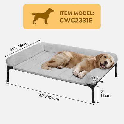 Veehoo Cooling Elevated Dog Bed with Fluffy Plush Bolster Cushion, Indoor Raised Dog Beds for Large Dogs, Soft Pet Sofa Cot with Removable Washable Mat, No-Slip Feet, 42 x 30 inches, Grey