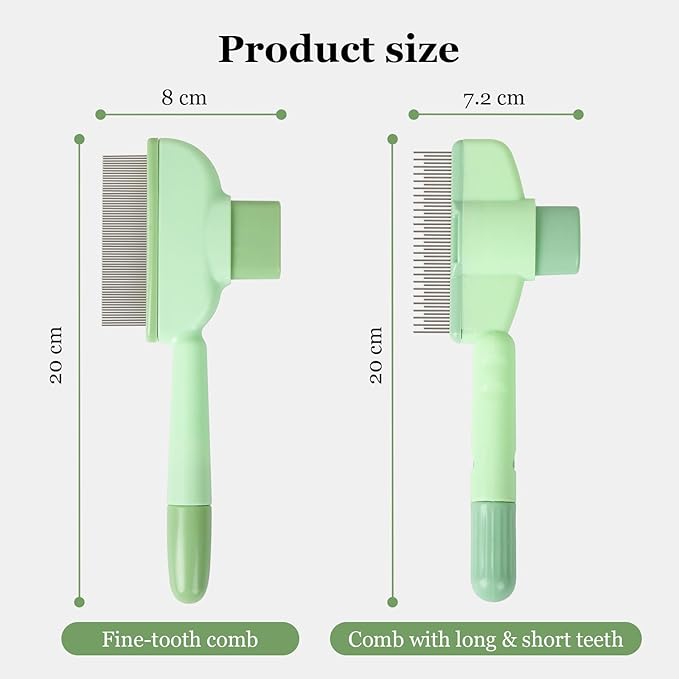 Pet Comb for Cats &amp; Dogs, One-Touch Hair Release Button, Dense-Tooth &amp; Mixed-Length Teeth 2-Piece Set, for Long &amp; Short Hair, Gentle Pain-Free Design (Green)