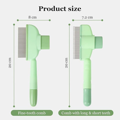 Pet Comb for Cats &amp; Dogs, One-Touch Hair Release Button, Dense-Tooth &amp; Mixed-Length Teeth 2-Piece Set, for Long &amp; Short Hair, Gentle Pain-Free Design (Green)
