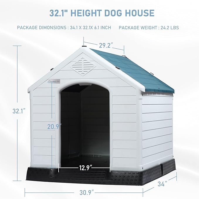 LEMBERI Durable Waterproof Plastic Dog House for Small to Large Sized Dogs, Indoor Outdoor Doghouse Insulated Puppy Shelter with Elevated Floor, Easy to Assemble (Blue, 34&