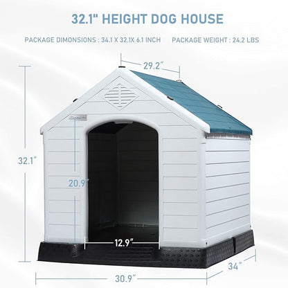 LEMBERI Durable Waterproof Plastic Dog House for Small to Large Sized Dogs, Indoor Outdoor Doghouse Insulated Puppy Shelter with Elevated Floor, Easy to Assemble (Blue, 34&