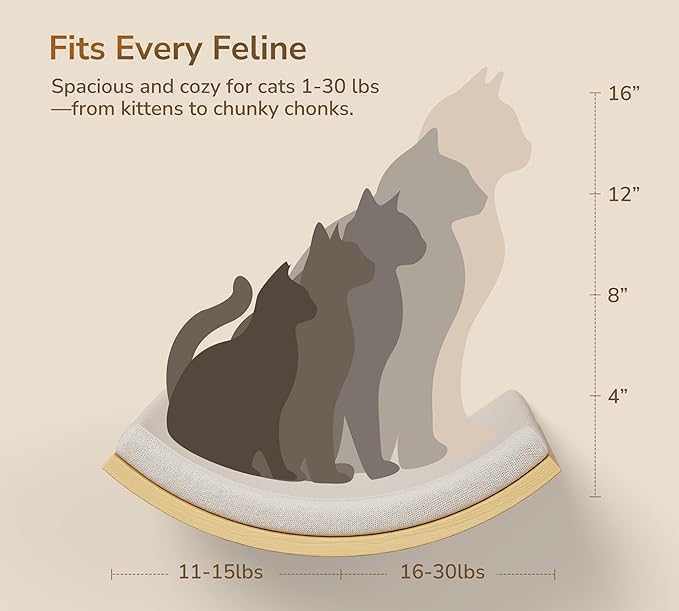 Wood Cat Wall Shelf with Soft Foam Cushion, Curved Cats Wall Bed for Large Cats, Floating Cat Perch for Sleeping &amp; Climbing