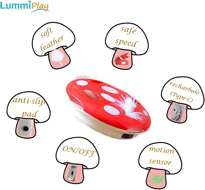 Interactive Cat Toy Automatic Mushroom - Whack-a-Mole Game with Rotating Feathers for Indoor Cats, Hide &amp; Seek Rechargeable Toys Boredom Relief Adult Kittens, Safe Chew Proof Design (Red)