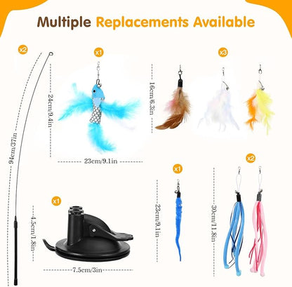 Pawaboo Cat Feather Toys, Interactive Cat Wand Toy with 2-Slot Super Suction Cup, Detachable 2 PCS Spring Cat Wand &amp; 7 PCS Cat Teaser Replacement with Bells, Funny Kitty Toys for Indoor Kittens Play