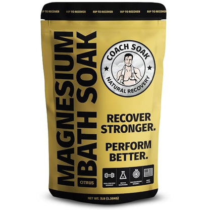 Coach Soak Recovery Bath Soak - Faster Absorption Than Epsom Salt for Pain - Rejuvenating Magnesium Flakes with 21 Minerals, Essential Oils &amp; Bath Salts, 3lbs (Energizing Citrus)