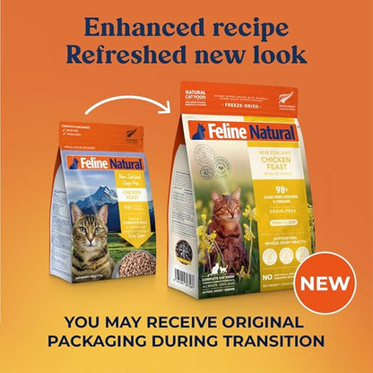 Feline Natural High Protein Dry Cat Food, Freeze-Dried Diet with 98% Meat, Organs &amp; Seafood, No Peas, Grains, or Artificial Additives, Made in New Zealand, Chicken, 11oz