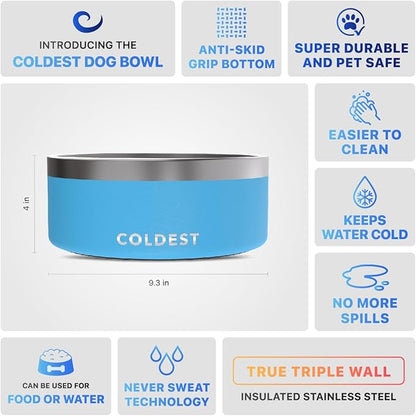 Coldest Dog Bowl - Anti Rust Metal, Non Slip, 3 Layers Insulated Stainless Steel Dog Bowls - Spill Proof &amp; Heavy Duty - Water Bowl for Dogs, Cats &amp; Pets, Dish Washer Safe (100 oz, Celestial Blue)