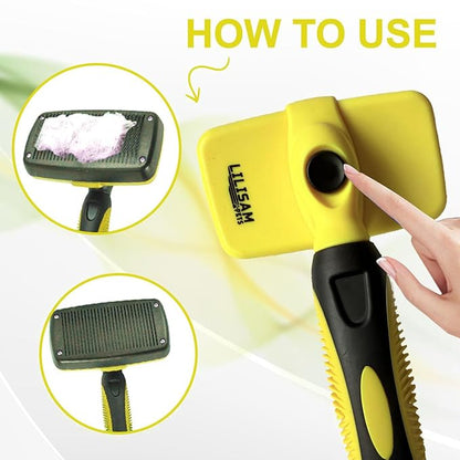 Pet Self Cleaning Slicker Brush and Grooming Comb - Gently Removes Loose Hair, Tangles, and Dirt - Skin Friendly Deshedding Grooming Tool for Hair Dogs &amp; Cats - Pet Supplies Accessories (Yellow)