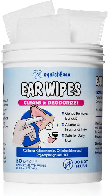 Squishface Dog Ear Relief Individual Finger Sheath Wipes – Non-Allergenic Ingredients &amp; Irritation-Reducing Formula Cleans &amp; Deodorizes, Helps Prevent Ear Itch &amp; Odor – for All Breeds! (50 Count)