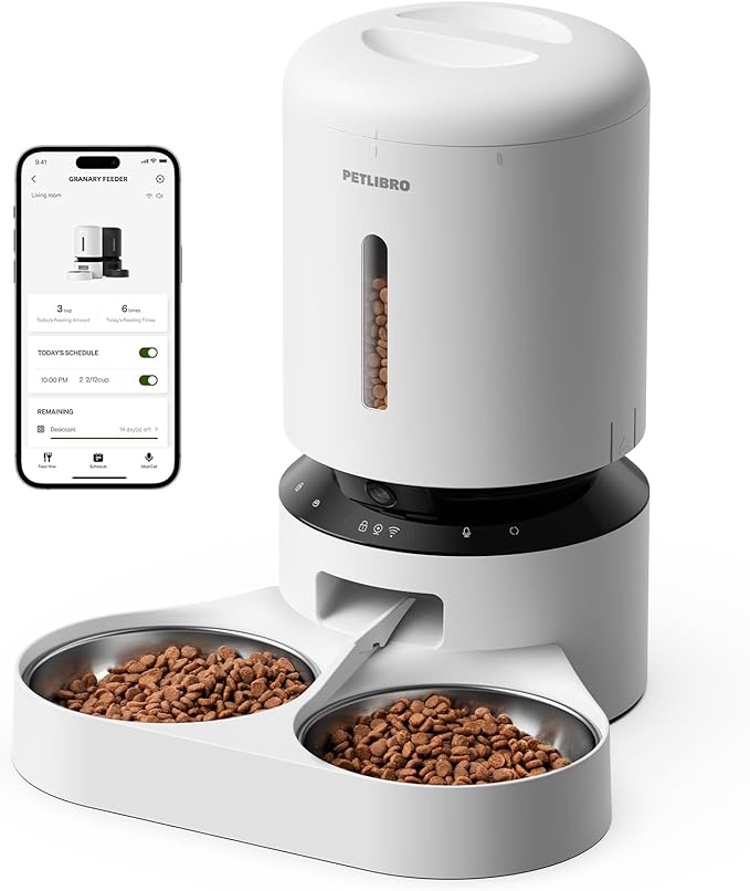 PETLIBRO 5L Automatic Cat Feeder for 2 Cats, 5G&amp;2.4G Wi-Fi Programmable Cat Food Dispenser with Dual Stainless Steel Bowls, Airtight Lock Fresh Technology, Low Food Sensor