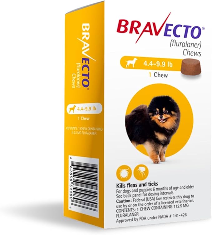 BRAVECTO Chew for Dogs, Flea &amp; Tick, 1 Chew, 12 Week Supply, 4.4-9.9 lbs., Yellow Box