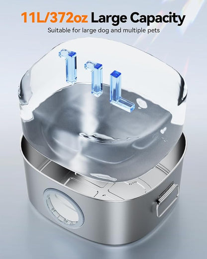 Dog Water Fountain Stainless Steel, 11L/2.8Gal Large Pet Fountain for Large Dogs Inside, Dog Fountain Water Bowl Dispenser with Visible Window &amp; LED, Ultra Quiet for Multi-Pet (Filters)