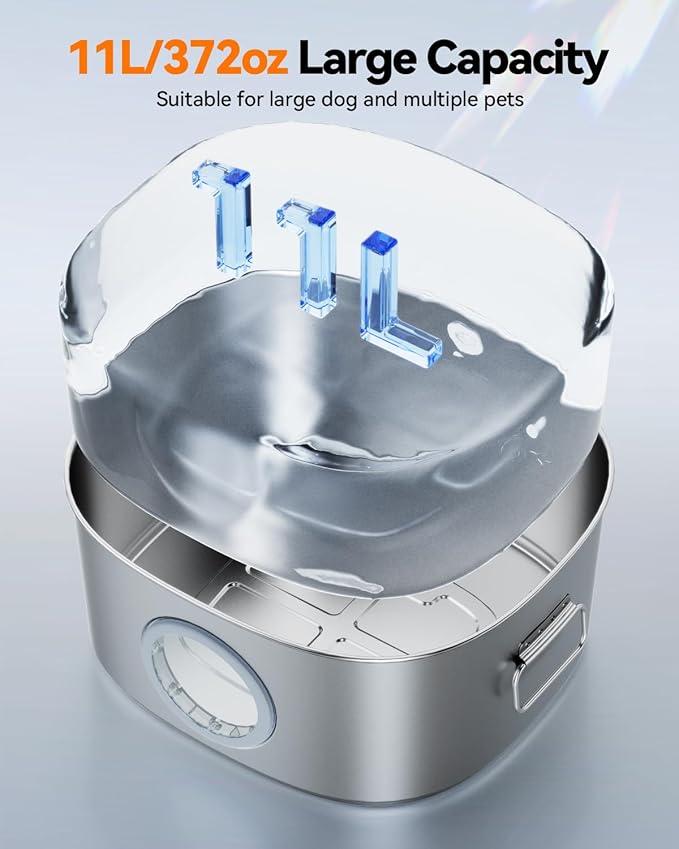 Dog Water Fountain Stainless Steel, 11L/2.8Gal Large Pet Water Fountain for Large Dogs Inside, Dog Fountain Water Bowl Automatic Dispenser with Visible Window &amp; LED, Ultra Quiet (with 8pcs Filters)