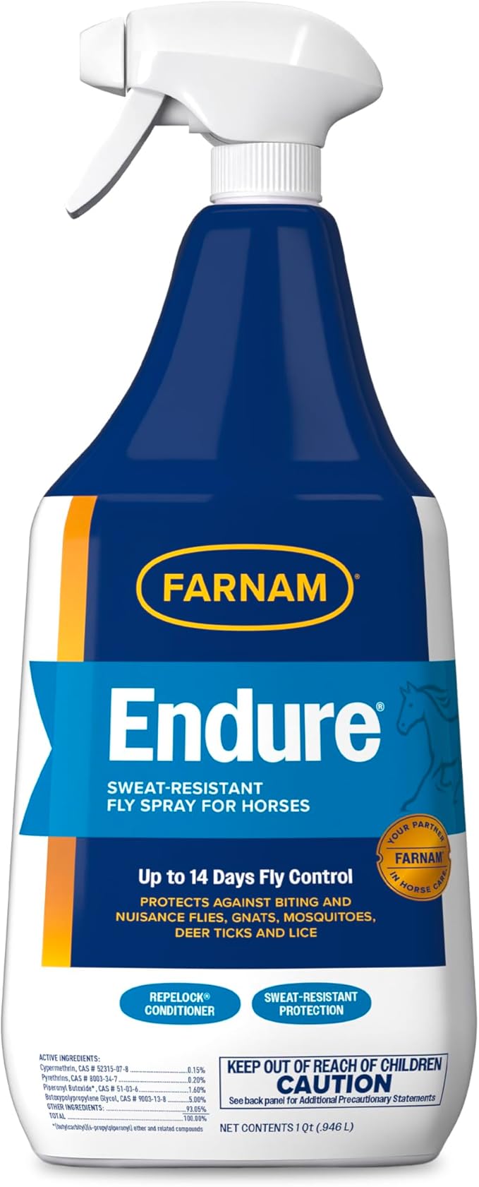 Farnam Endure Sweat-Resistant Fly Spray for Horses, Lasts Up to 14 Days, Protects Against Flies, Gnats, Mosquitoes, Ticks &amp; Lice, 32 oz.