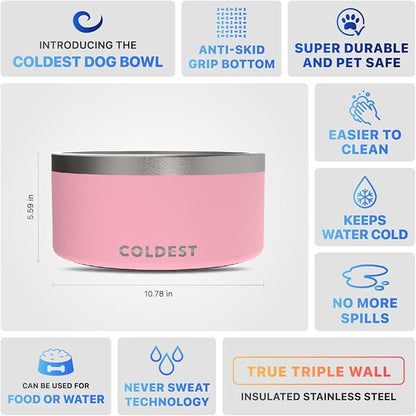 Coldest Dog Bowl - Anti Rust Metal, Non Slip, 3 Layers Insulated Stainless Steel Dog Bowls - Spill Proof &amp; Heavy Duty - Water Bowl for Dogs, Cats &amp; Pets, Dish Washer Safe (200 oz, Cotton Candy Pink)