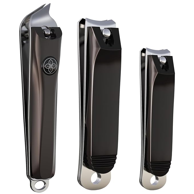 GLAMFIELDS 3pcs Nail Clippers Set, Black Stainless Steel Slanted Edge Nail Clipper &amp; Fingernail &amp; Thick Toenail Trimmer for Men and Women