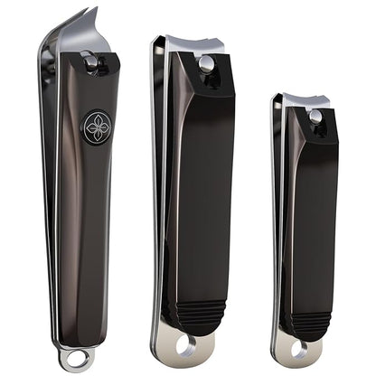 GLAMFIELDS 3pcs Nail Clippers Set, Black Stainless Steel Slanted Edge Nail Clipper &amp; Fingernail &amp; Thick Toenail Trimmer for Men and Women
