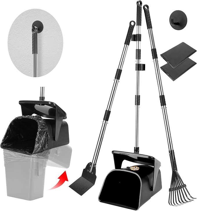 Pooper Scooper Large Swivel Bin &amp; Rake &amp; Spade with 20 Waste Bags and 1 Hook, 39.3" Long Handle Metal Dog Pooper Scooper for Yard, Easy to Clean Pet Waste Use on Grass, Dirt, Gravel or Flats