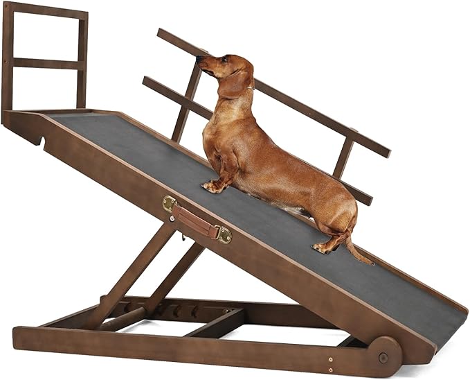 Dog Ramp, 5 Level Adjustable Wooden Folding Pet Ramp for Middle Bed, Couch,SUV-High Traction, Portable Paw Ramps for Small &amp; Large Old Dogs &amp; Cats - Furniture Quality