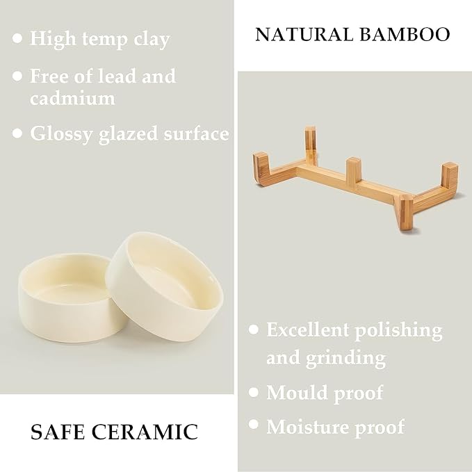 SPUNKYJUNKY Ceramic Dog and Cat Bowl Set with Wooden Stand, Modern Cute Weighted Food Water Set for Small Size Dogs (13.5OZ) &amp; Medium Sized Dogs (28.7OZ) &amp; Cats (1.7 Cups, 2 × Beige)