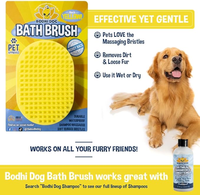 Bodhi Dog Shampoo Brush - Pet Grooming &amp; Bath Supplies for Dogs and Cats - Bath Brush for Long &amp; Short Hair - Premium Scrubber for Shower, Bathing &amp; Massage (One Pack, Yellow)
