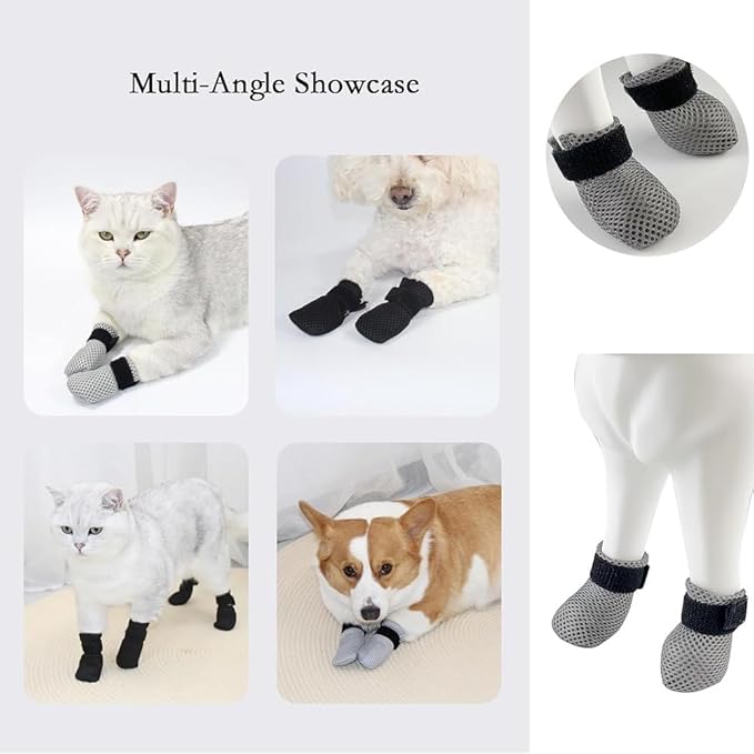 8 Pack Cat Mittens to Prevent Scratching, Adjustable Breathable Mesh Cat Booties &amp; Claw Covers - Anti Scratch Gloves for Bathing, Nail Trimming - 4 Black &amp; 4 Grey, Paw Inner Diameter up to 1.57 Inches