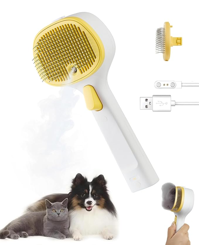 FURGO 3-in-1 Pet Steam Brush for Dogs &amp; Cats – Reduces Static, Long-Pin Head for Long Hair, One-Click Release Button, Dog Spray Brush for Shedding Control (Long)
